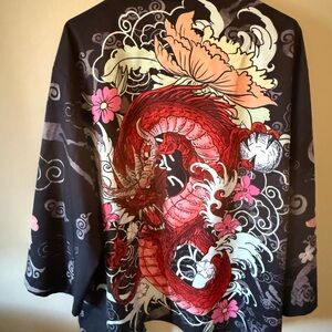 Dragon Print Kimono with Floral Design